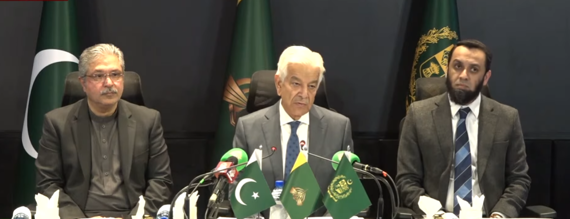 Ikhtiar Wali Khan, Khawaja Asif, Attaullah Tarar at a press conference on Tuesday January 27, 2026 (PTV Live)